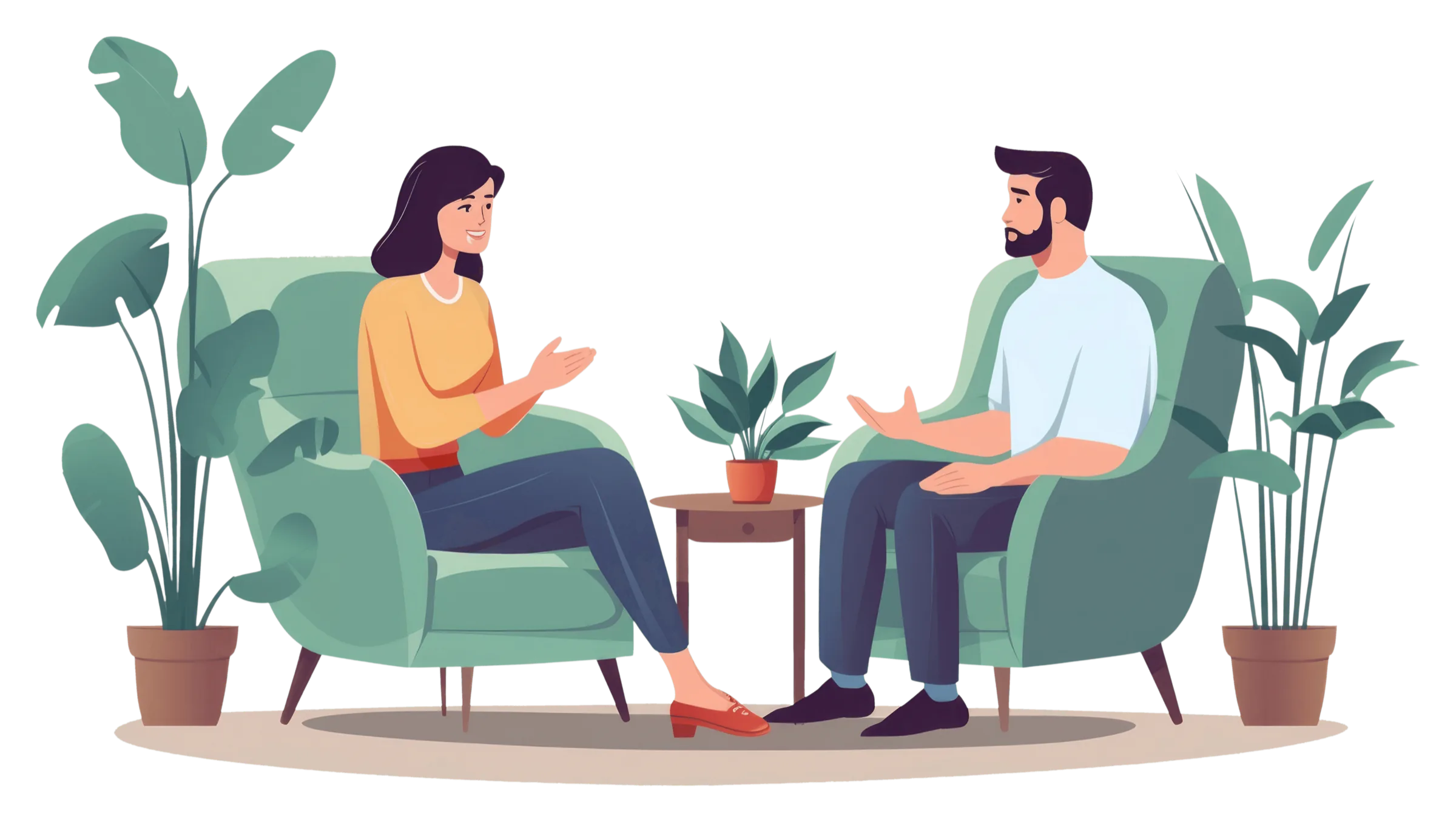Therapist and client talking in a calm indoor setting.